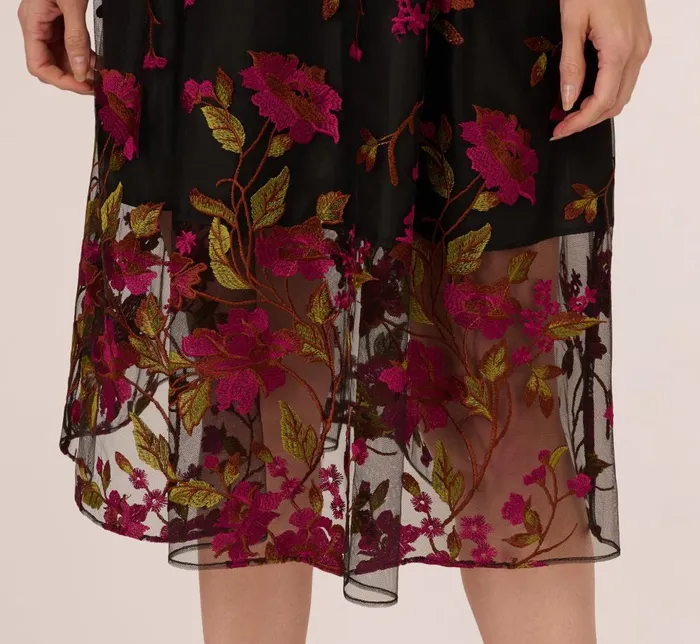 Adrianna Papell Day Dresses Floral Embroidered Midi Dress With Sheer Hem In Pink Black 8211 Women