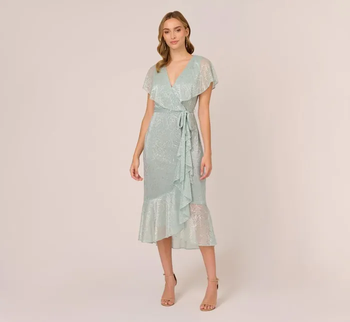 Adrianna Papell Day Dresses Floral Metallic Stencil MidiLength Mermaid Dress With Capelet In Sea Glass 8211 Women Adrianna Papell Day Dresses Floral Metallic Stencil MidiLength Mermaid Dress With Capelet In Sea Glass 8211 Women