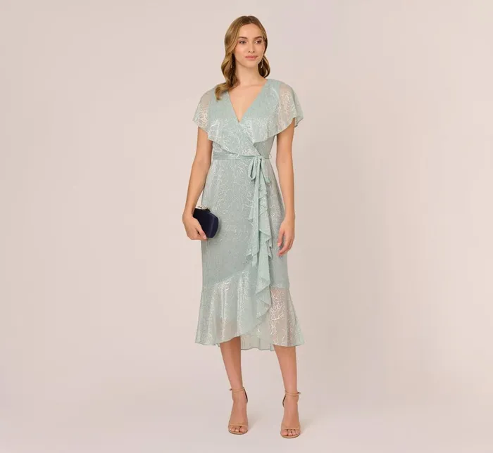Adrianna Papell Day Dresses Floral Metallic Stencil MidiLength Mermaid Dress With Capelet In Sea Glass 8211 Women