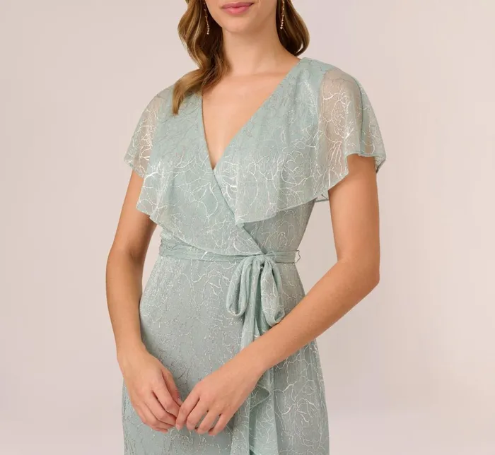 Adrianna Papell Day Dresses Floral Metallic Stencil MidiLength Mermaid Dress With Capelet In Sea Glass 8211 Women