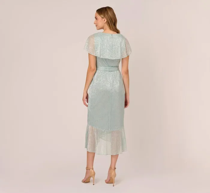 Adrianna Papell Day Dresses Floral Metallic Stencil MidiLength Mermaid Dress With Capelet In Sea Glass 8211 Women