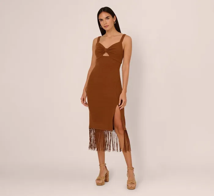 Adrianna Papell Day Dresses Fringe Trim Midi Dress With Keyhole Cutout Bust In Light Brown 8211 Women Adrianna Papell Day Dresses Fringe Trim Midi Dress With Keyhole Cutout Bust In Light Brown 8211 Women