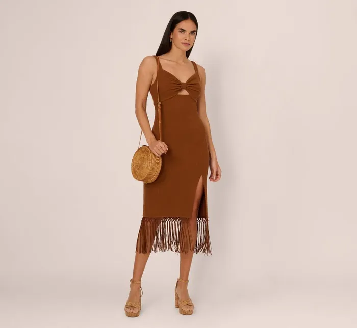 Adrianna Papell Day Dresses Fringe Trim Midi Dress With Keyhole Cutout Bust In Light Brown 8211 Women