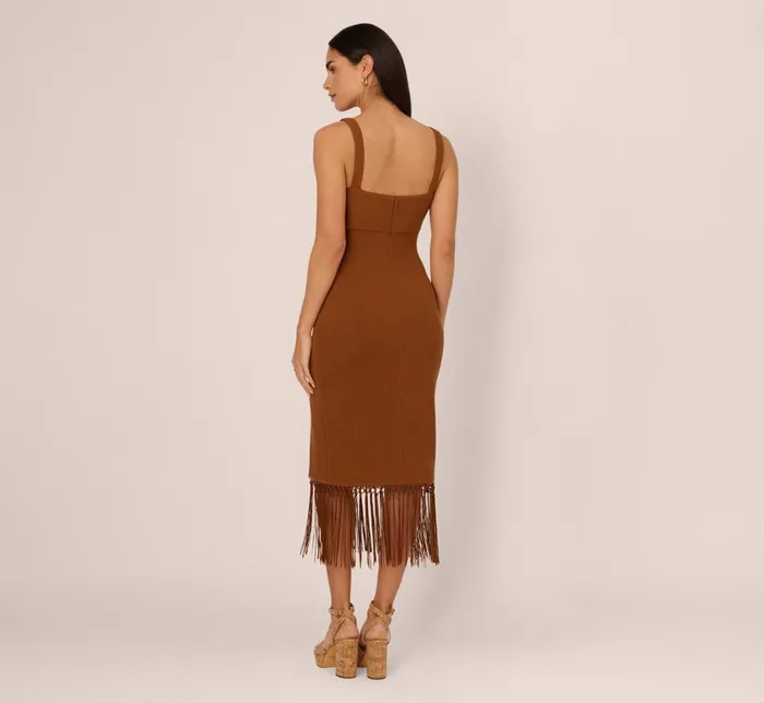 Adrianna Papell Day Dresses Fringe Trim Midi Dress With Keyhole Cutout Bust In Light Brown 8211 Women