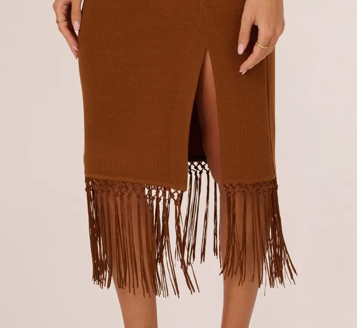 Adrianna Papell Day Dresses Fringe Trim Midi Dress With Keyhole Cutout Bust In Light Brown 8211 Women