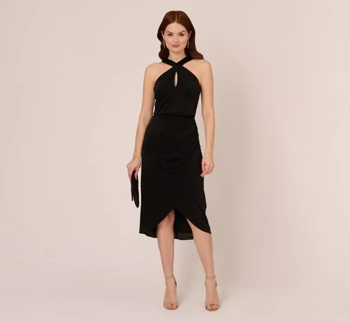 Adrianna Papell Day Dresses Halter Cocktail Dress With Faux Wrap Skirt In Black 8211 Women