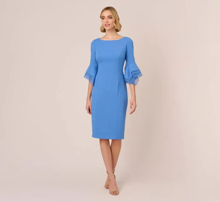 Adrianna Papell Day Dresses Knit Crepe Sheath Dress With Tiered Three Quarter Sleeves In Cool Water 8211 Women Adrianna Papell Day Dresses Knit Crepe Sheath Dress With Tiered Three Quarter Sleeves In Cool Water 8211 Women