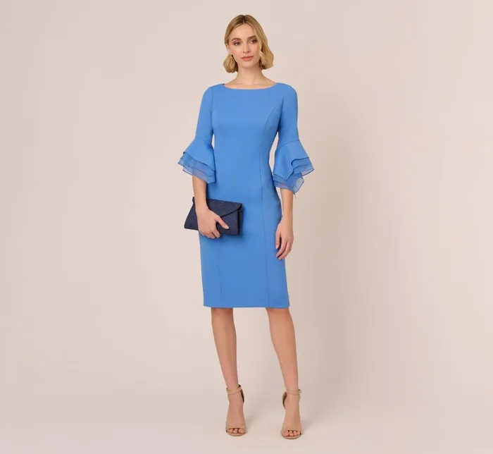 Adrianna Papell Day Dresses Knit Crepe Sheath Dress With Tiered Three Quarter Sleeves In Cool Water 8211 Women