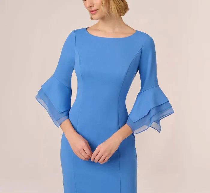 Adrianna Papell Day Dresses Knit Crepe Sheath Dress With Tiered Three Quarter Sleeves In Cool Water 8211 Women