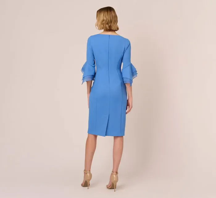 Adrianna Papell Day Dresses Knit Crepe Sheath Dress With Tiered Three Quarter Sleeves In Cool Water 8211 Women