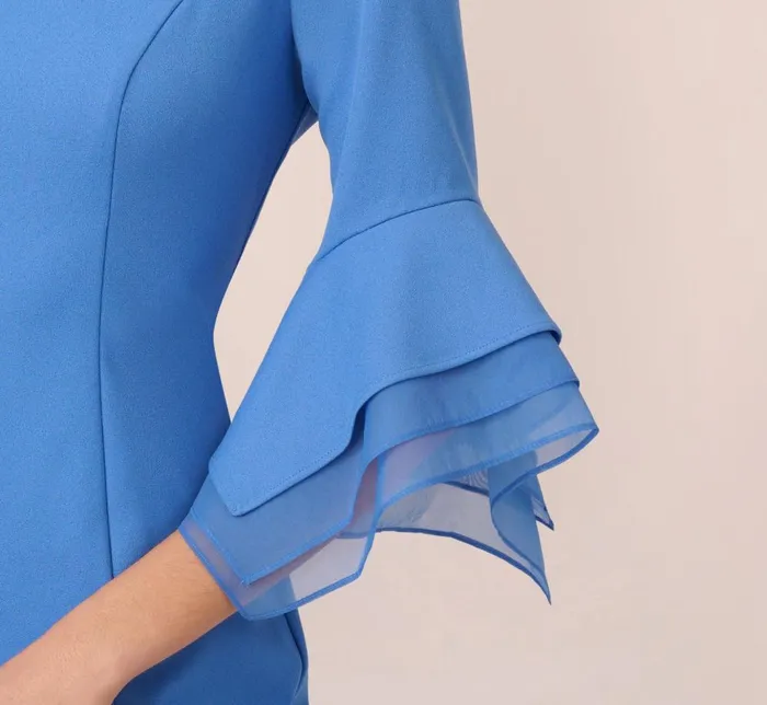 Adrianna Papell Day Dresses Knit Crepe Sheath Dress With Tiered Three Quarter Sleeves In Cool Water 8211 Women
