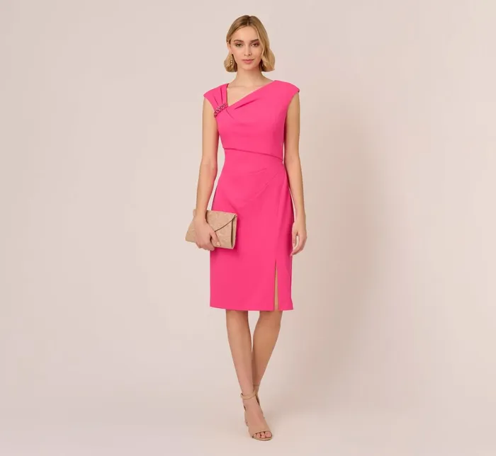 Adrianna Papell Day Dresses Knit Crepe Sleeveless Midi Dress With Asymmetrical Neckline In Electric Pink 8211 Women