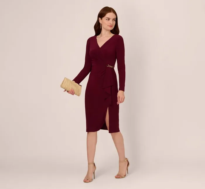 Adrianna Papell Day Dresses Long Sleeve Draped Jersey Dress With Chain Trim In Blackened Red 8211 Women