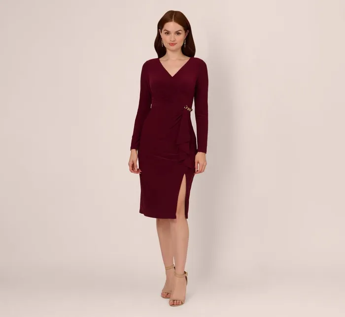 Adrianna Papell Day Dresses Long Sleeve Draped Jersey Dress With Chain Trim In Blackened Red 8211 Women