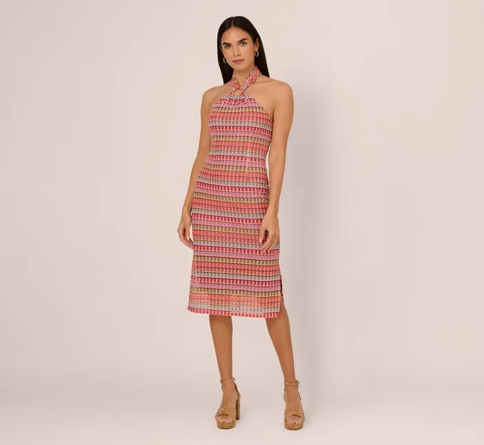 Adrianna Papell Day Dresses Multicolor Crochet Midi Dress With Halter Neckline In Purple Multi 8211 Women Adrianna Papell Day Dresses Multicolor Crochet Midi Dress With Halter Neckline In Purple Multi 8211 Women
