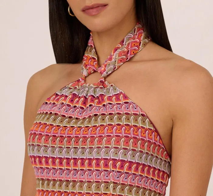 Adrianna Papell Day Dresses Multicolor Crochet Midi Dress With Halter Neckline In Purple Multi 8211 Women