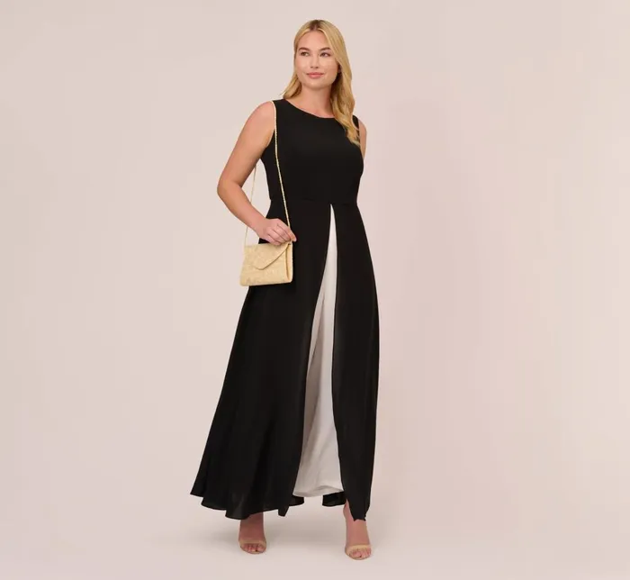 Adrianna Papell Day Dresses Plus Size Colorblock Jumpsuit With Skirt Overlay In Black Ivory 8211 Women
