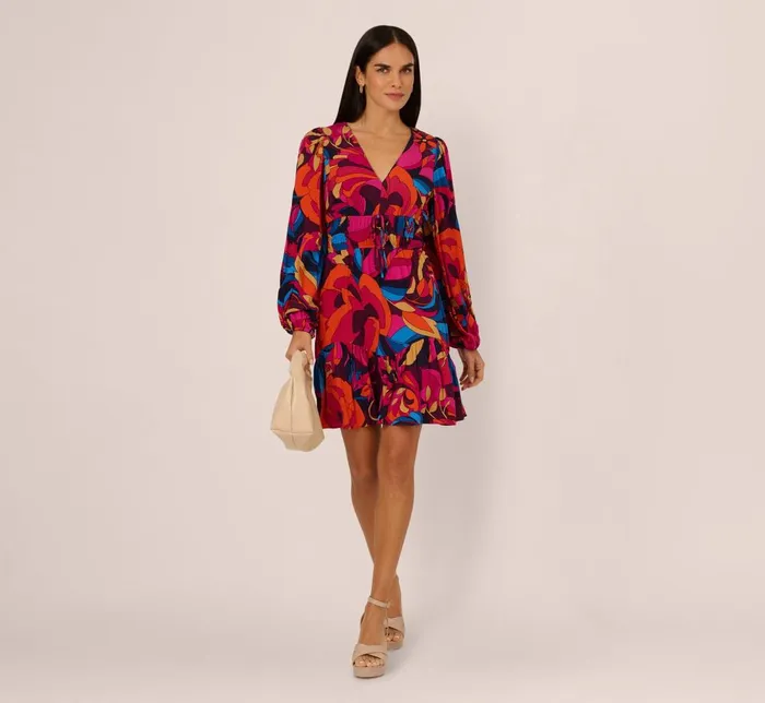 Adrianna Papell Day Dresses Retro Floral Print Shirred Dress With Long Bishop Sleeves In Berry Multi 8211 Women