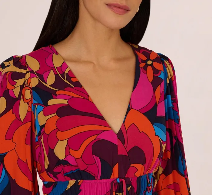Adrianna Papell Day Dresses Retro Floral Print Shirred Dress With Long Bishop Sleeves In Berry Multi 8211 Women