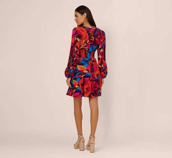 Adrianna Papell Day Dresses Retro Floral Print Shirred Dress With Long Bishop Sleeves In Berry Multi 8211 Women