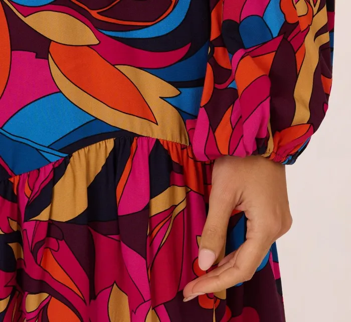 Adrianna Papell Day Dresses Retro Floral Print Shirred Dress With Long Bishop Sleeves In Berry Multi 8211 Women
