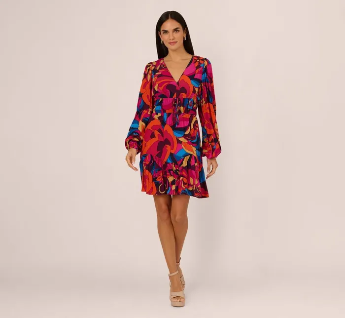 Adrianna Papell Day Dresses Retro Floral Print Shirred Dress With Long Bishop Sleeves In Berry Multi 8211 Women