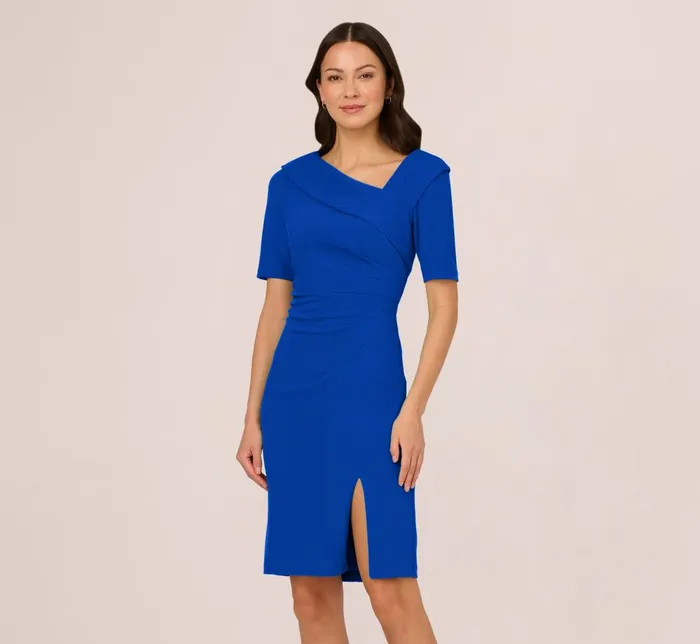 Adrianna Papell Day Dresses Short Sleeves Sheath Dress With Asymmetrical Neckline In Violet Cobalt 8211 Women Adrianna Papell Day Dresses Short Sleeves Sheath Dress With Asymmetrical Neckline In Violet Cobalt 8211 Women