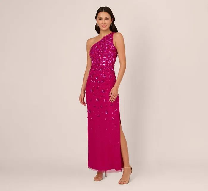 Adrianna Papell Formal Dresses 3d Floral HandBeaded OneShoulder Long Column Gown In Hot Orchid 8211 Women Adrianna Papell Formal Dresses 3d Floral HandBeaded OneShoulder Long Column Gown In Hot Orchid 8211 Women