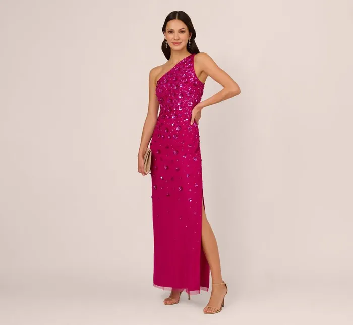 Adrianna Papell Formal Dresses 3d Floral HandBeaded OneShoulder Long Column Gown In Hot Orchid 8211 Women