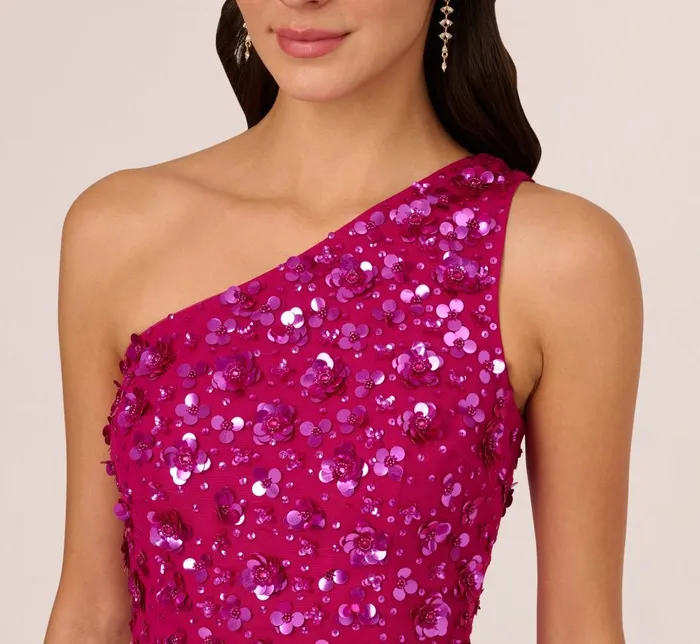 Adrianna Papell Formal Dresses 3d Floral HandBeaded OneShoulder Long Column Gown In Hot Orchid 8211 Women