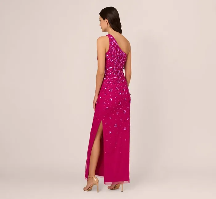 Adrianna Papell Formal Dresses 3d Floral HandBeaded OneShoulder Long Column Gown In Hot Orchid 8211 Women