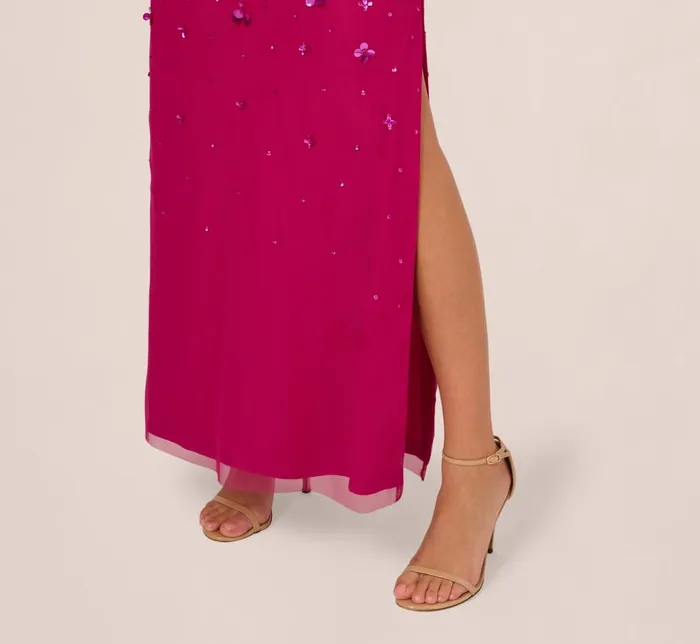 Adrianna Papell Formal Dresses 3d Floral HandBeaded OneShoulder Long Column Gown In Hot Orchid 8211 Women