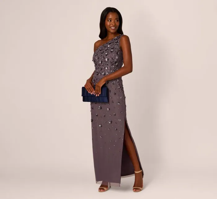 Adrianna Papell Formal Dresses 3d Floral HandBeaded OneShoulder Long Column Gown In Moonscape 8211 Women