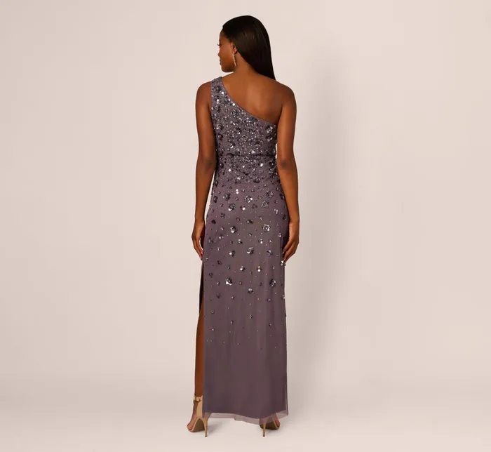 Adrianna Papell Formal Dresses 3d Floral HandBeaded OneShoulder Long Column Gown In Moonscape 8211 Women