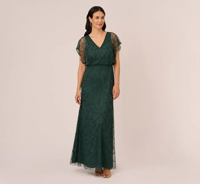 Adrianna Papell Formal Dresses Beaded Blouson Mermaid Gown With Sheer Dolman Sleeves In Dusty Emerald 8211 Women Adrianna Papell Formal Dresses Beaded Blouson Mermaid Gown With Sheer Dolman Sleeves In Dusty Emerald 8211 Women