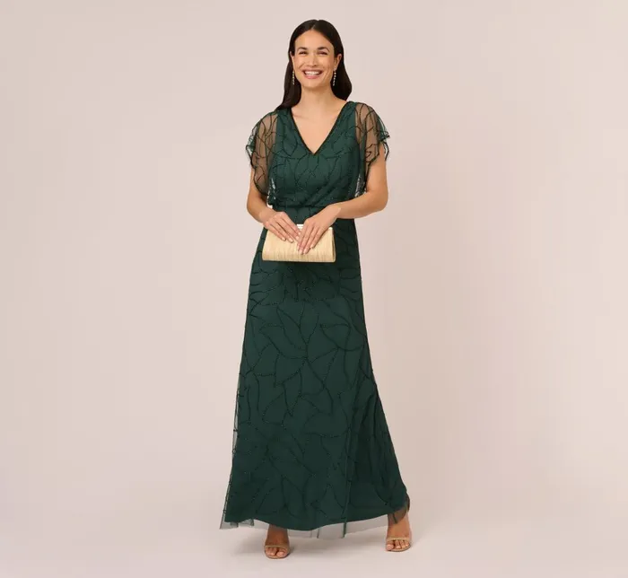 Adrianna Papell Formal Dresses Beaded Blouson Mermaid Gown With Sheer Dolman Sleeves In Dusty Emerald 8211 Women