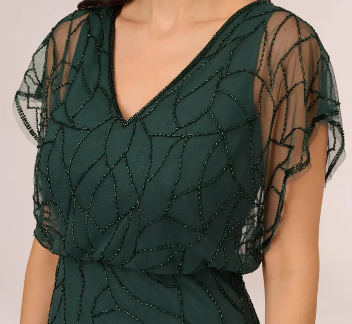 Adrianna Papell Formal Dresses Beaded Blouson Mermaid Gown With Sheer Dolman Sleeves In Dusty Emerald 8211 Women