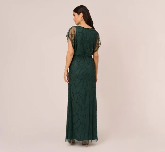 Adrianna Papell Formal Dresses Beaded Blouson Mermaid Gown With Sheer Dolman Sleeves In Dusty Emerald 8211 Women