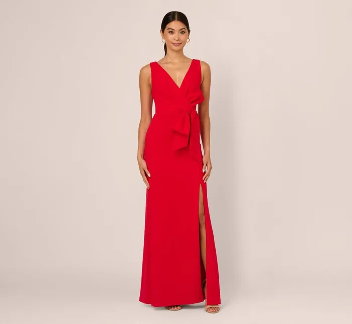 Adrianna Papell Formal Dresses Bow Front Crepe Gown In Super Red 8211 Women