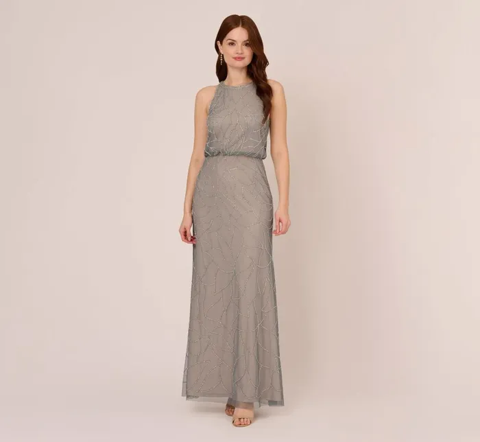 Adrianna Papell Formal Dresses Deco Floral Beaded Blouson Gown With Halter Neckline In Pewter Silver 8211 Women Adrianna Papell Formal Dresses Deco Floral Beaded Blouson Gown With Halter Neckline In Pewter Silver 8211 Women