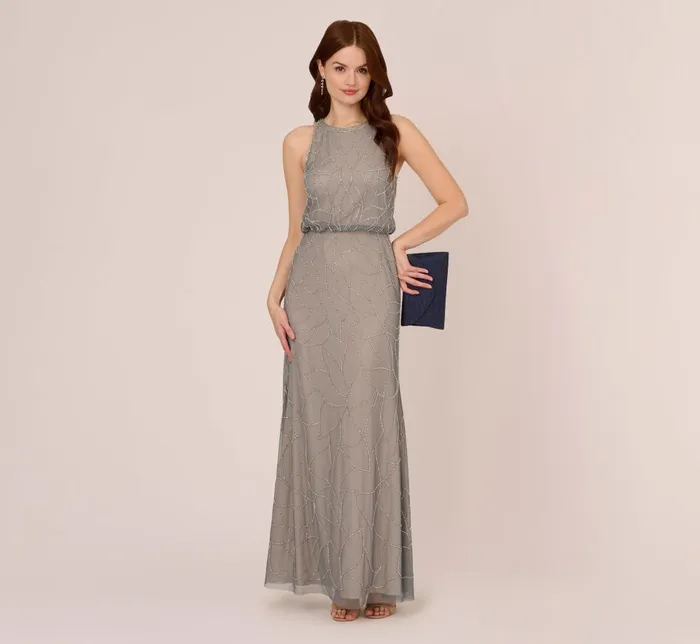 Adrianna Papell Formal Dresses Deco Floral Beaded Blouson Gown With Halter Neckline In Pewter Silver 8211 Women