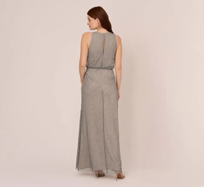 Adrianna Papell Formal Dresses Deco Floral Beaded Blouson Gown With Halter Neckline In Pewter Silver 8211 Women