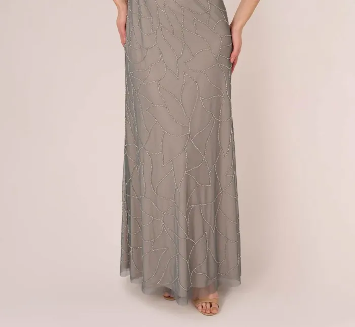 Adrianna Papell Formal Dresses Deco Floral Beaded Blouson Gown With Halter Neckline In Pewter Silver 8211 Women