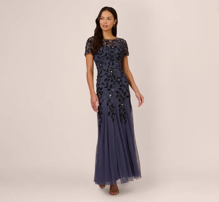 Adrianna Papell Formal Dresses Hand Beaded Short Sleeve Floral Godet Gown In Smoky Peri 8211 Women