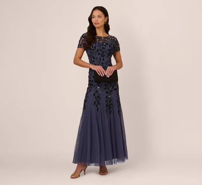 Adrianna Papell Formal Dresses Hand Beaded Short Sleeve Floral Godet Gown In Smoky Peri 8211 Women