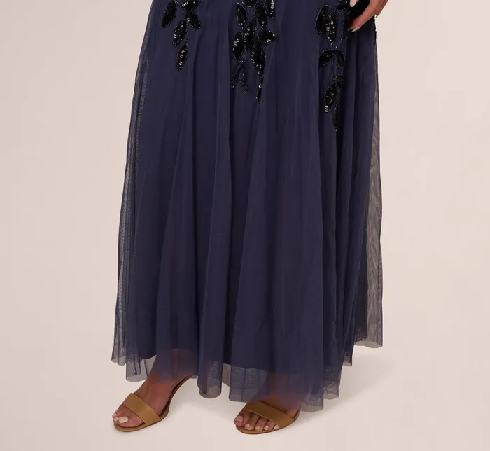 Adrianna Papell Formal Dresses Hand Beaded Short Sleeve Floral Godet Gown In Smoky Peri 8211 Women