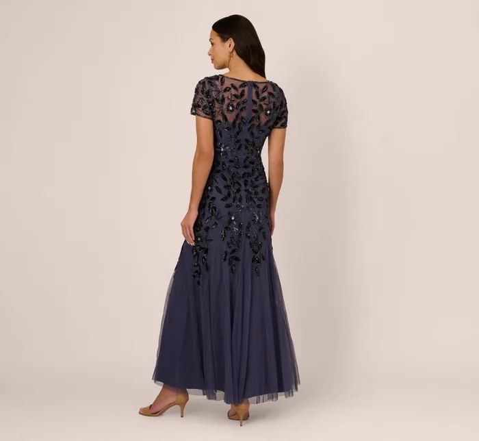 Adrianna Papell Formal Dresses Hand Beaded Short Sleeve Floral Godet Gown In Smoky Peri 8211 Women