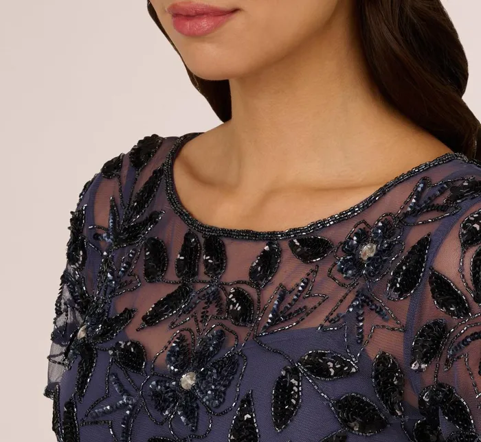 Adrianna Papell Formal Dresses Hand Beaded Short Sleeve Floral Godet Gown In Smoky Peri 8211 Women