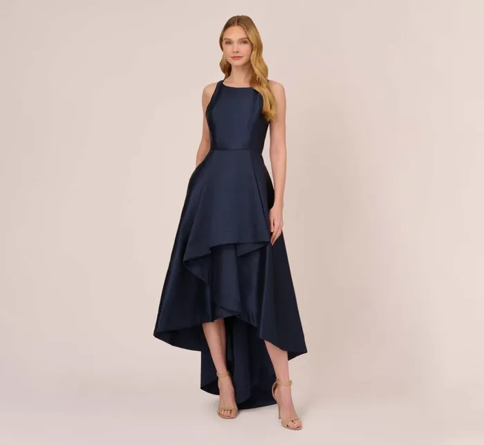 Adrianna Papell Formal Dresses High Low Mikado Gown With Asymmetrical Detail In Midnight 8211 Women