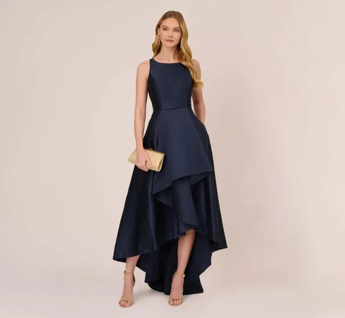 Adrianna Papell Formal Dresses High Low Mikado Gown With Asymmetrical Detail In Midnight 8211 Women